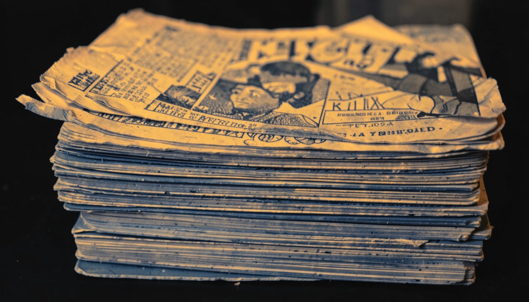 A duotone image of stacked vintage comic issues with yellowed pages, muted sepia and slate-blue tones.