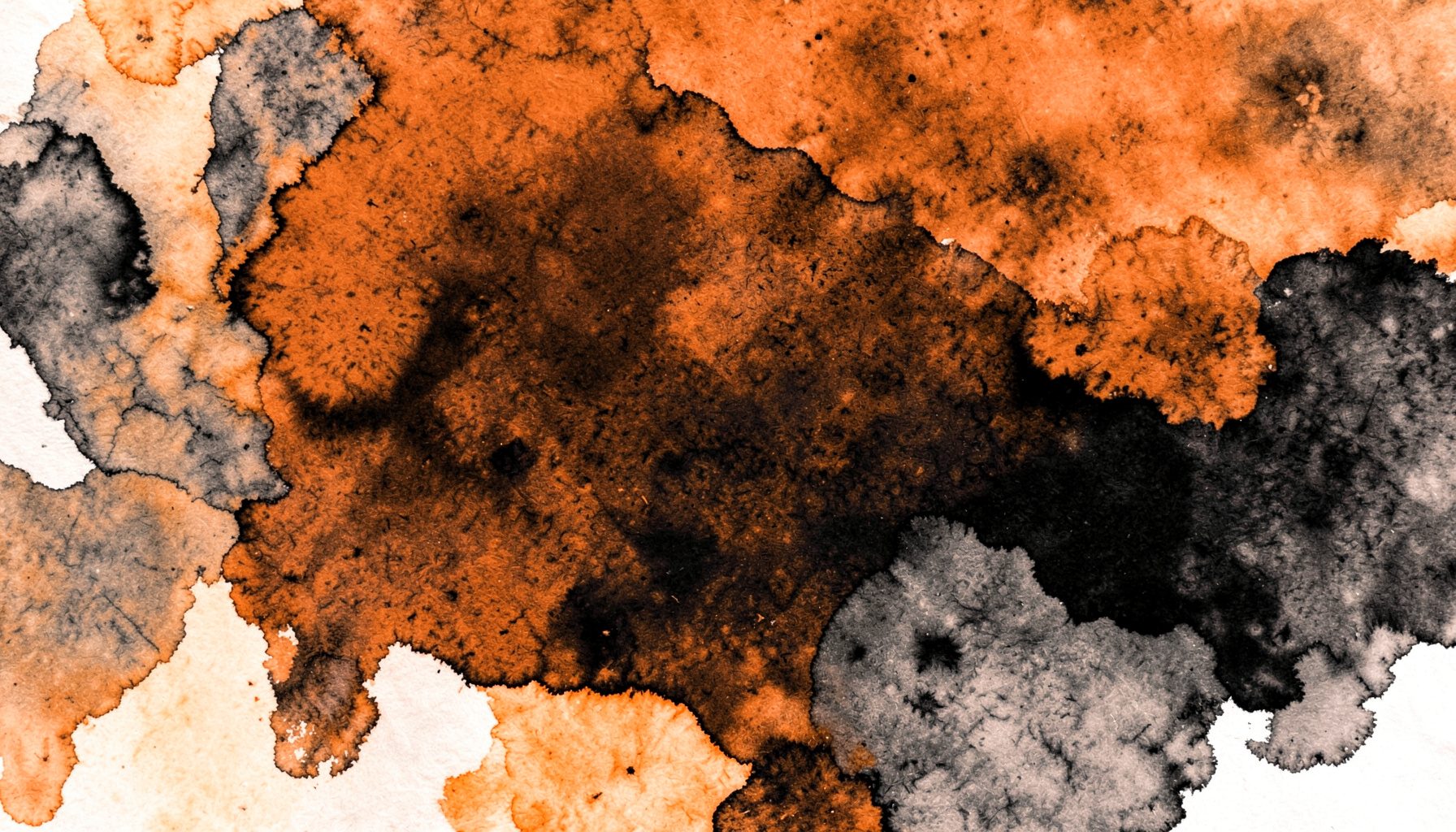 Duotone close-up of ink washes and brush strokes in burnt orange and charcoal black, with an organic, handmade texture.