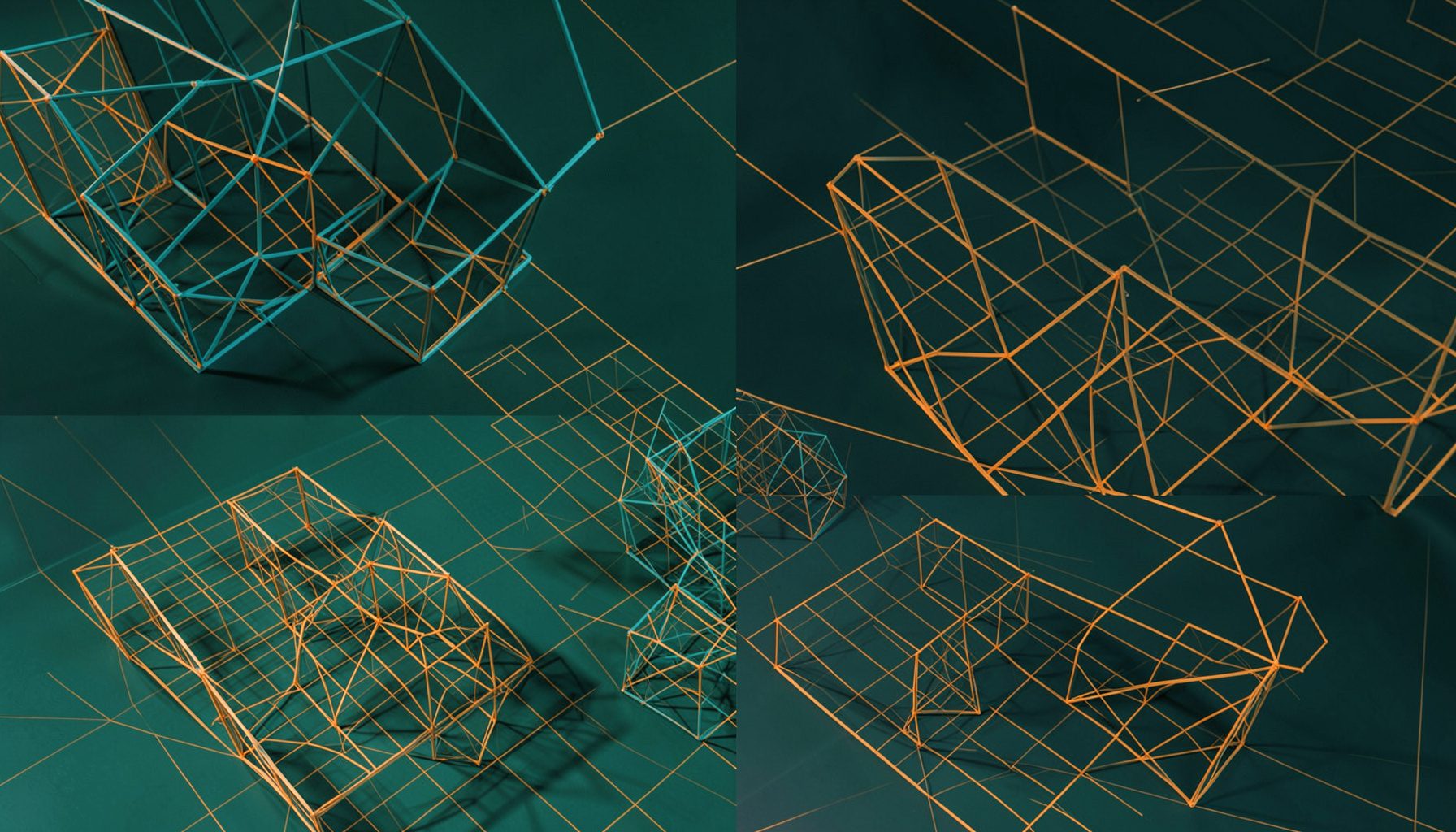 Duotone photograph of geometric wireframe models and grid patterns in teal and warm gold, suggesting 3D design and digital creativity.
