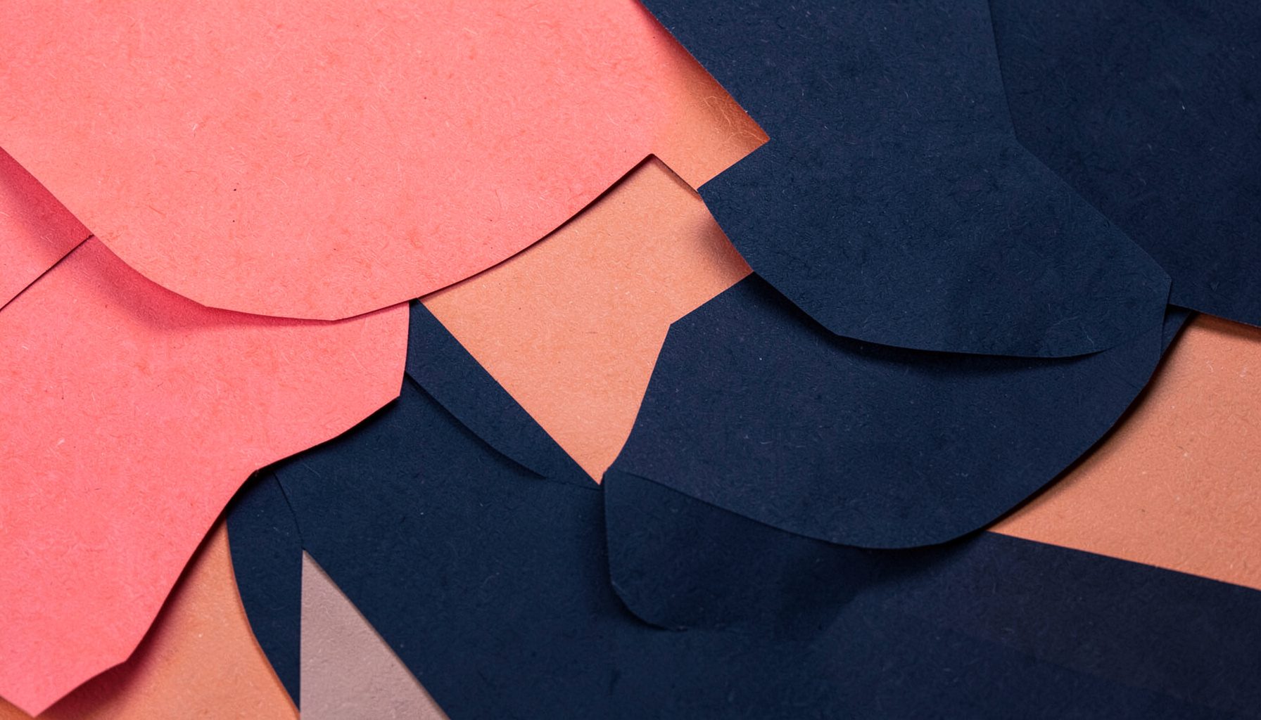 Vibrant duotone photograph of layered paper textures and abstract cutout shapes in coral pink and deep navy, evoking a modern design studio feel.