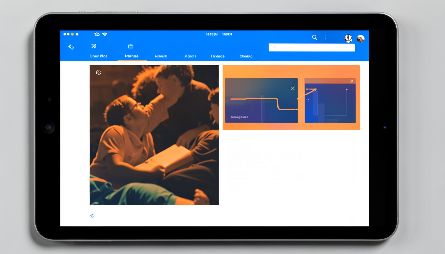 Tablet screen displaying a colorful interactive course module, blue and white interface
