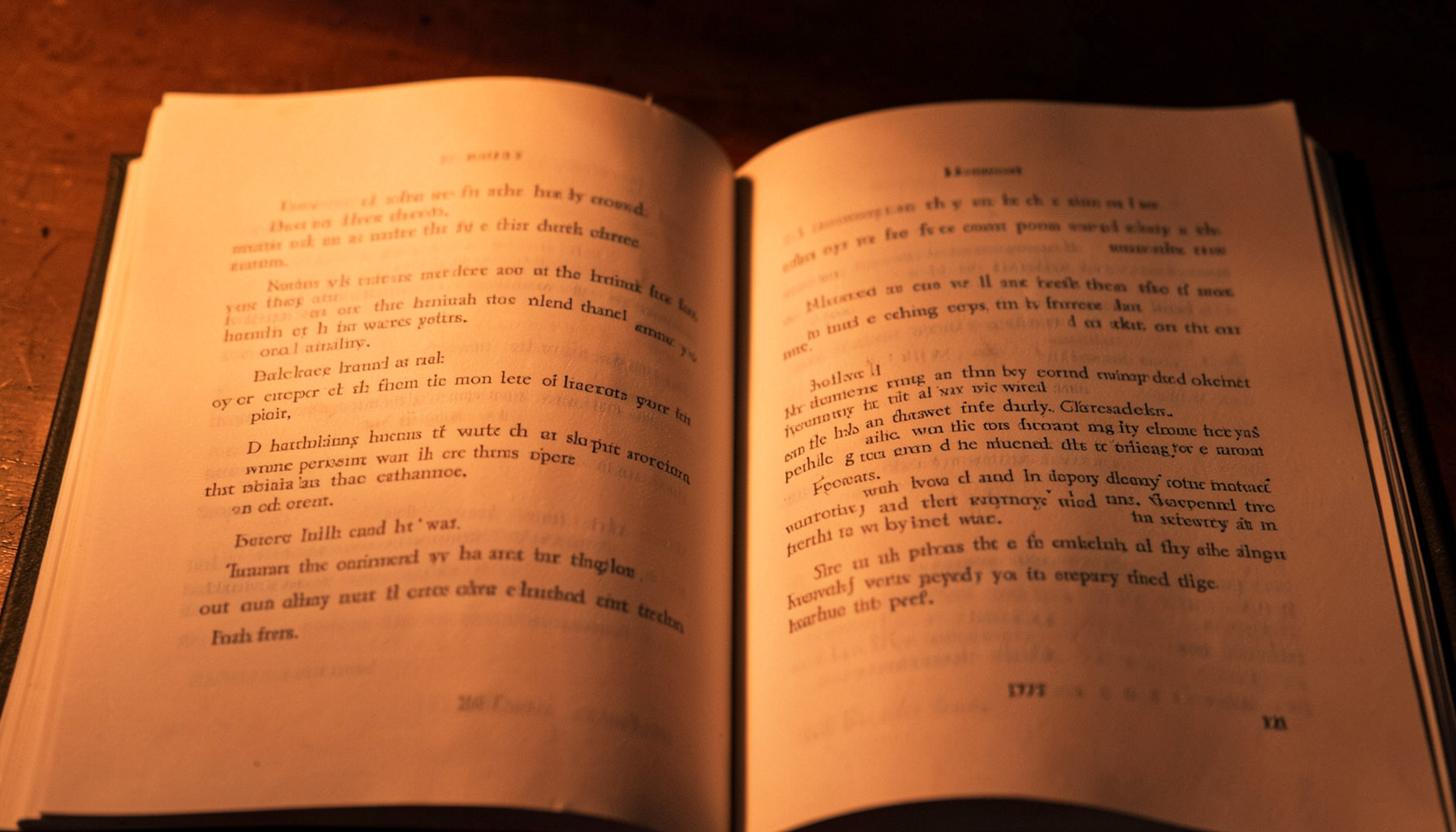 Open book pages with soft cream paper and dark ink text, warm reading light