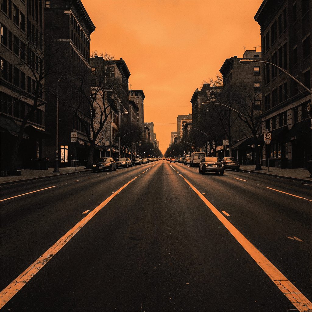 A wide highway and city skyline rendered in a stark two-tone duotone of deep charcoal and warm orange, dusk mood